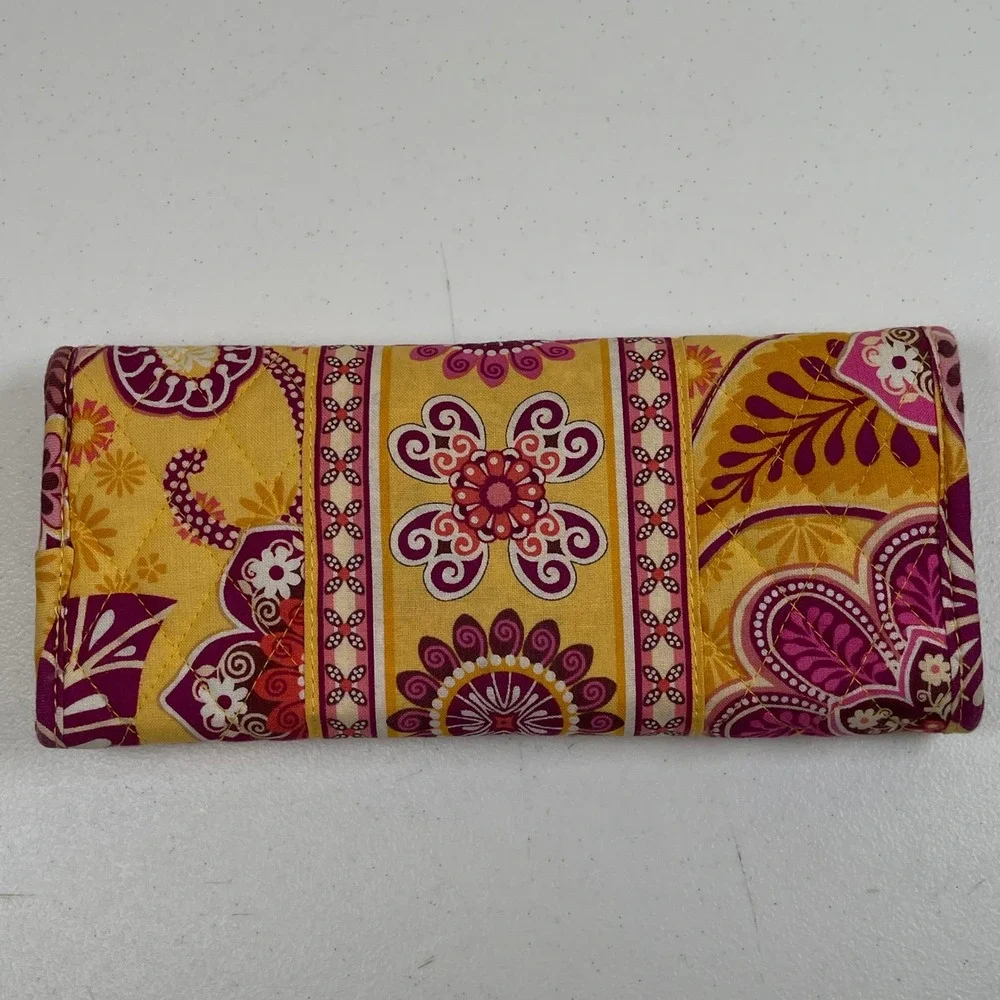 Vera Bradley Bali Gold Tri-Fold Wallet Women Yellow Pink Floral Quilted Cotton - Picture 4 of 8